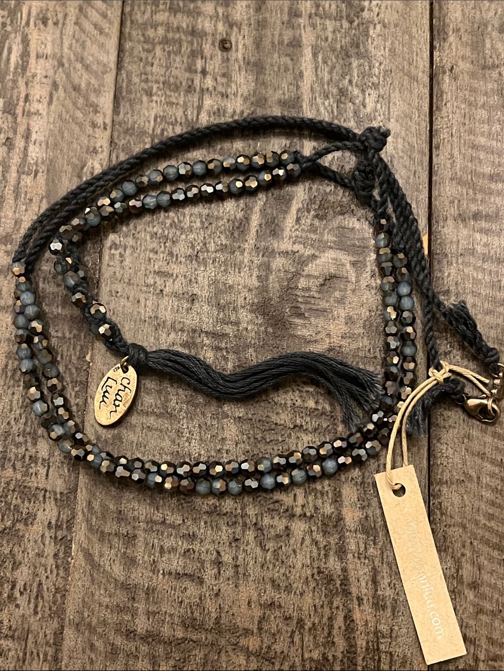 Chan Luu with tasselBeaded Blue stones blue cord Necklace w Gold Accents